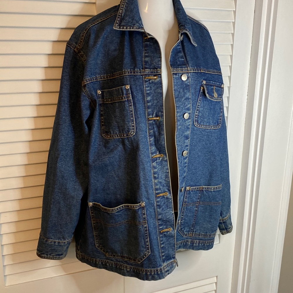 So Blue boxy oversized denim jacket straight cut long metal buttons coat